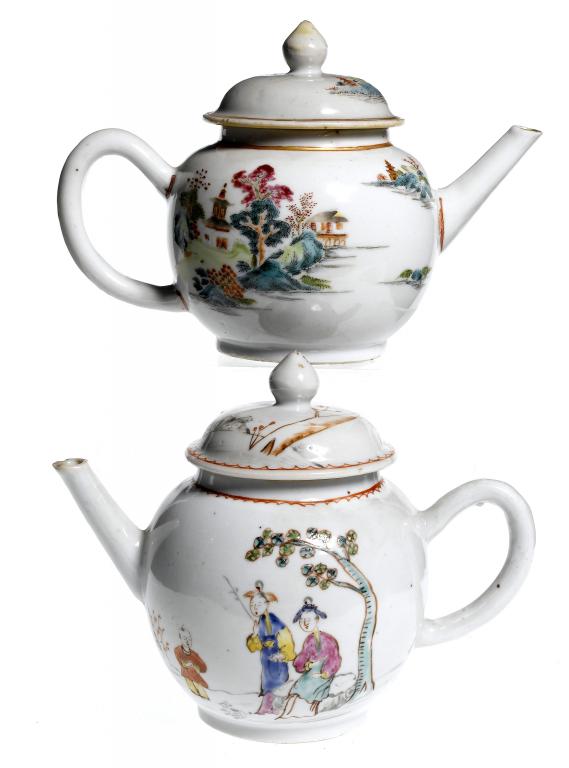 Appraisal: TWO FAMILLE ROSE TEAPOTS AND COVERS both with straight spout