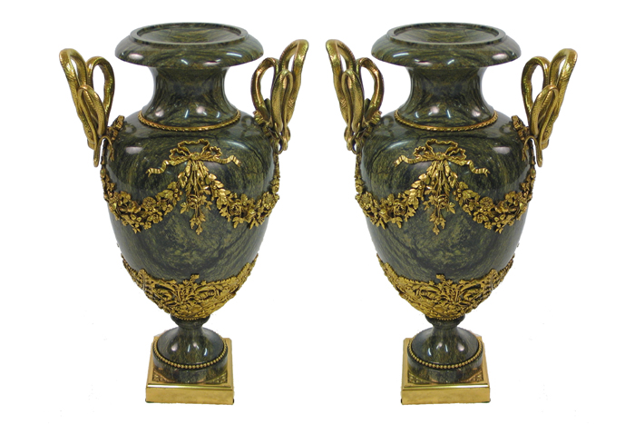 Appraisal: PAIR OF LOUIS XVI STYLE ORMOLU-MOUNTED VERDE MARBLE URNS of