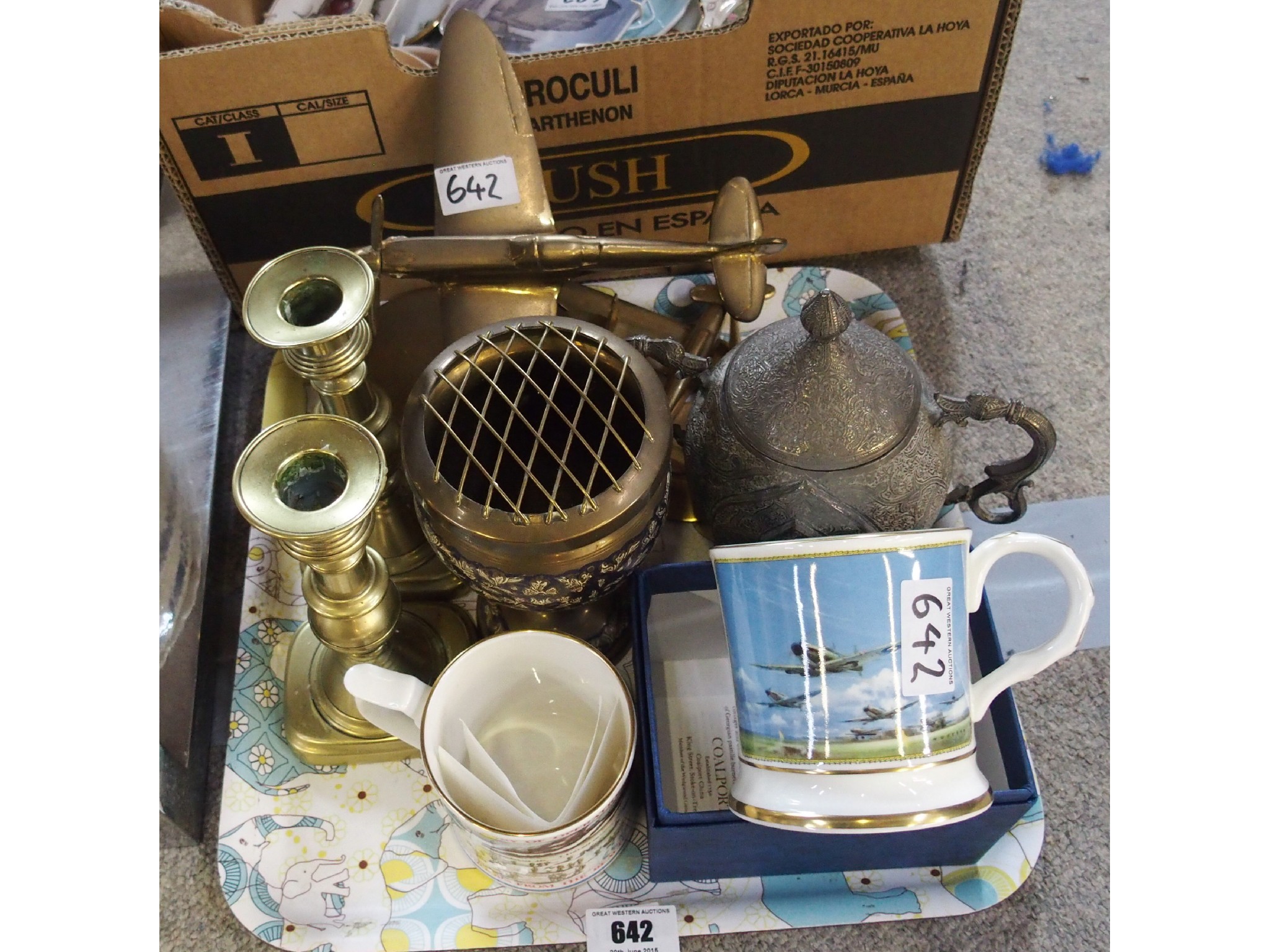 Appraisal: Tray comprising pair of brass candlesticks chased metal covered trophy