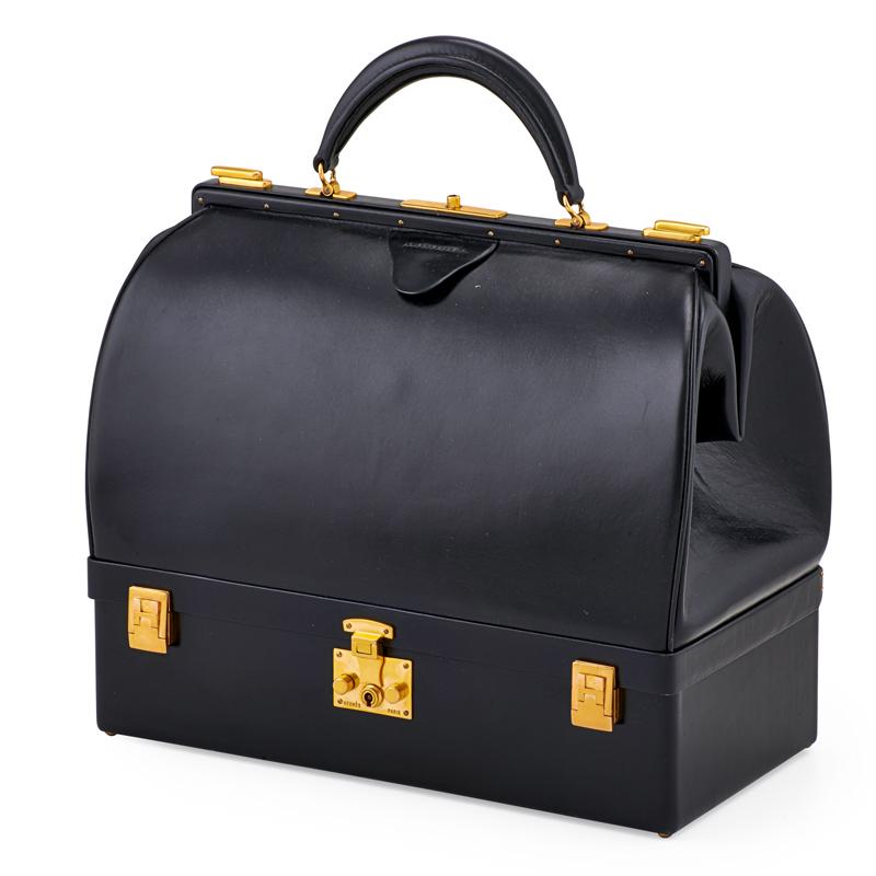 Appraisal: HERMES NOIR BOX CALF LEATHER SAC MALETTE BAG Rouge H