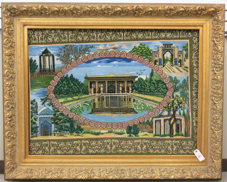 Appraisal: FRAMED PICTORIAL PERSIAN RUG featuring at center the Chehel Sotun