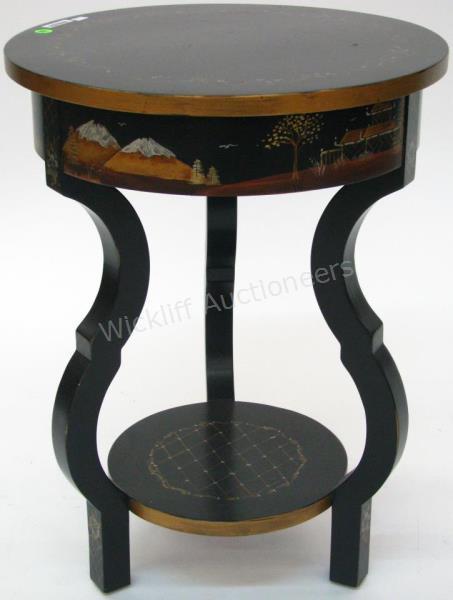 Appraisal: An Asian-themed accent table with scenic decoration black lacquer finish