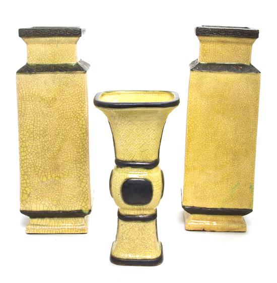 Appraisal: Sale Lot Three Chinese Yellow Glazed Ceramic Vases comprising a