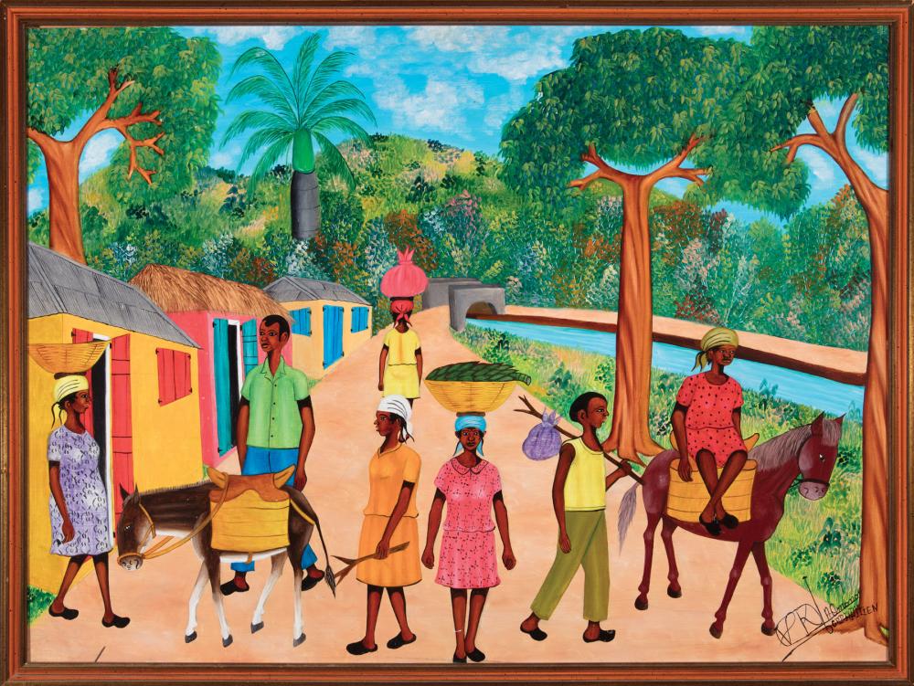 Appraisal: Haitian School th c Busy Street Scene with Two Mules