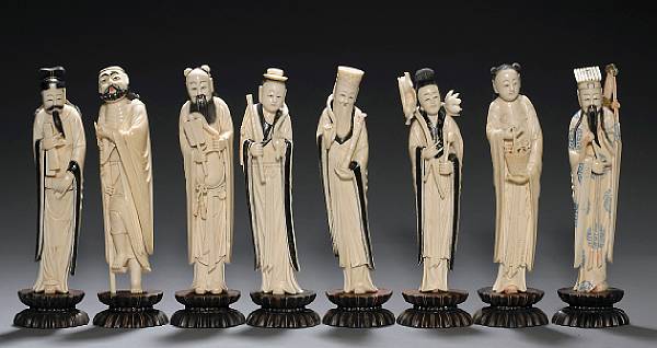 Appraisal: A set of eight tinted ivory immortals Late th Century