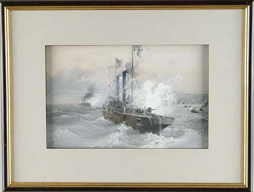 Appraisal: HENRY REUTERDAHL American - NAVAL BOMBARDMENT Gouache scene shows two