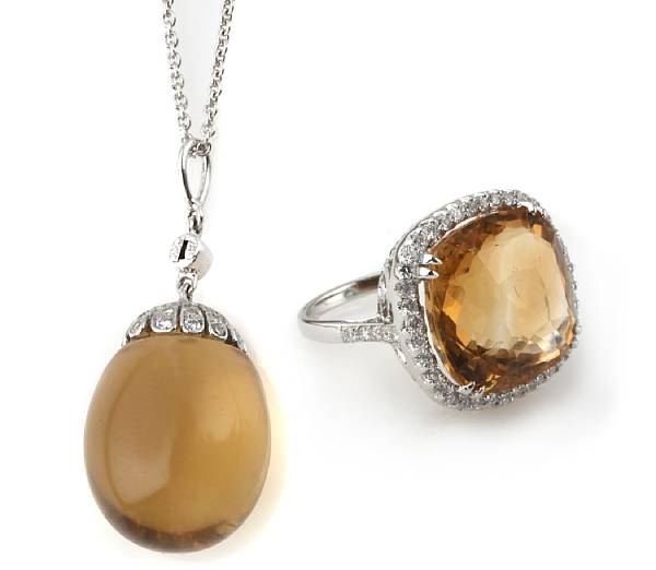 Appraisal: A set of citrine diamond and k white gold jewelry