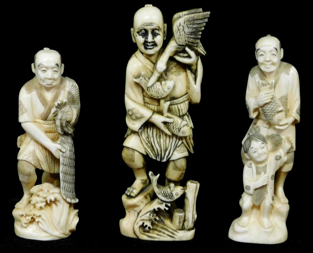 Appraisal: ASIAN Three carved ivory figures Japanese probably th C including