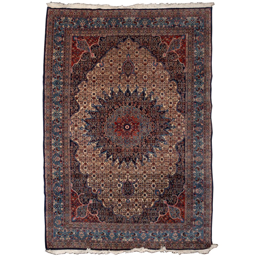 Appraisal: PERSIAN WOOL RUGHandwoven having an abstract geometric motif and center