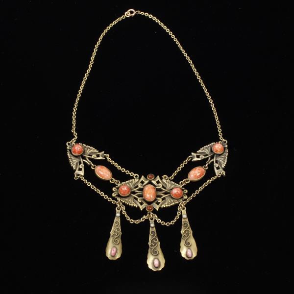 Appraisal: Czech Art Deco Brass Necklace with Orange Cabochons Faux Pearls