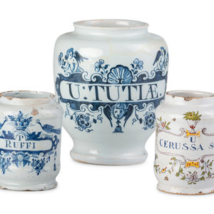 Appraisal: Three Delft Apothecary Jars th Century the Ruffi jar initialed