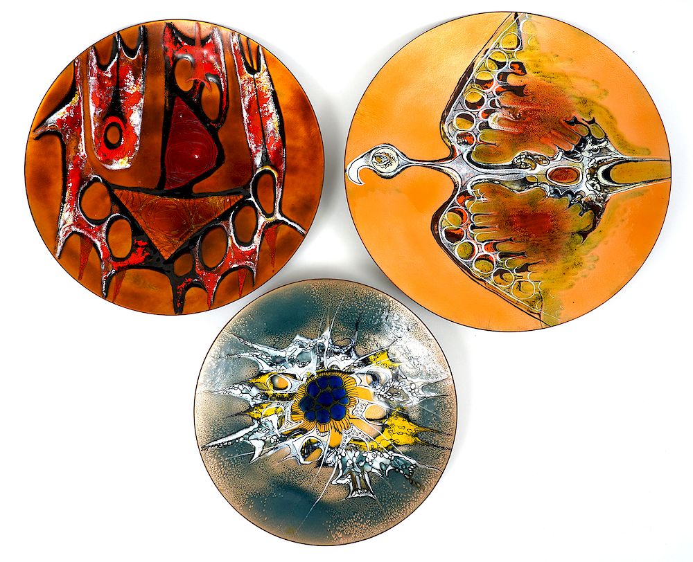 Appraisal: Pierrette LeClaire Chargers Enamel Abstract Three enamel chargers by Pierrette