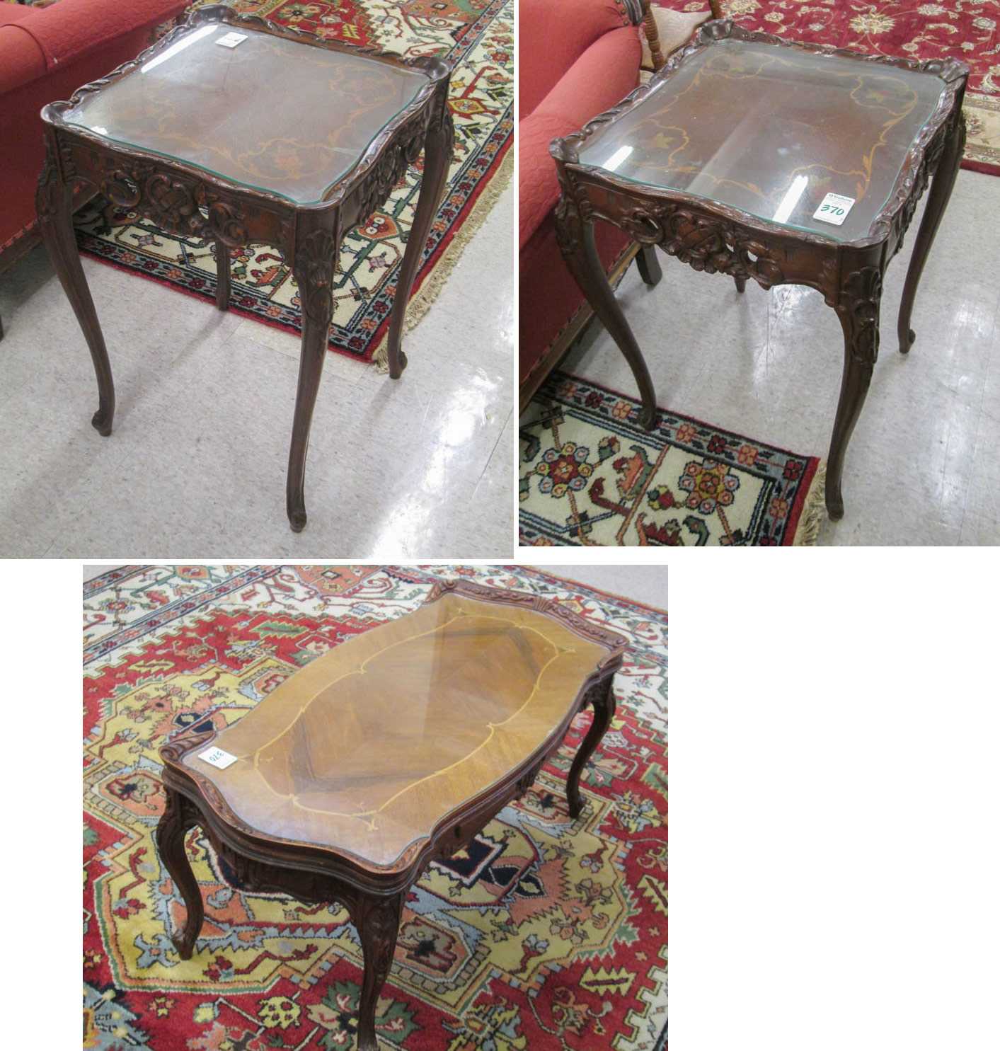 Appraisal: THREE LOUIS XV STYLE CARVED AND INLAID LIVING ROOM TABLES