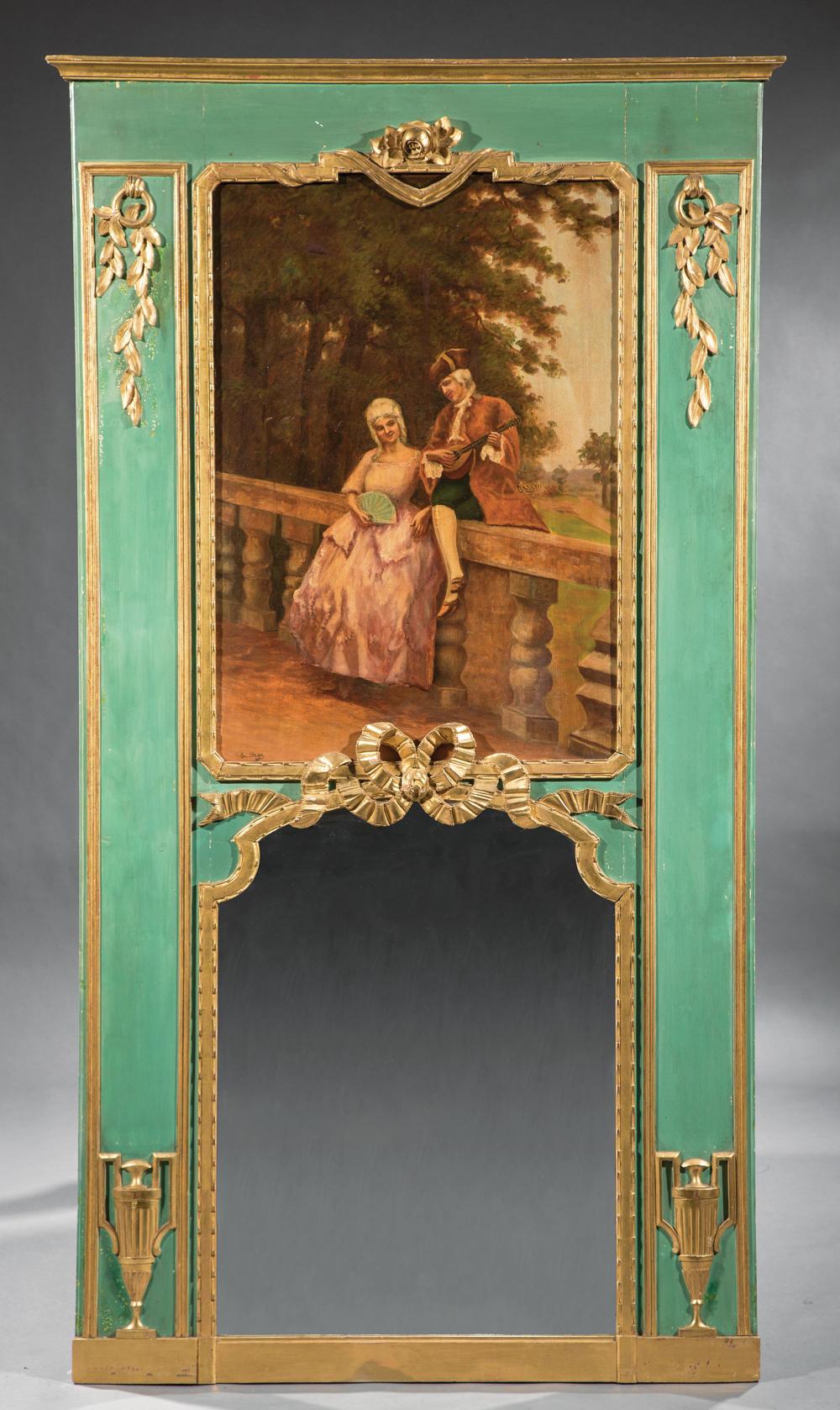 Appraisal: Antique Louis XVI-Style Verte Peinte and Parcel Gilt Trumeau Mirror