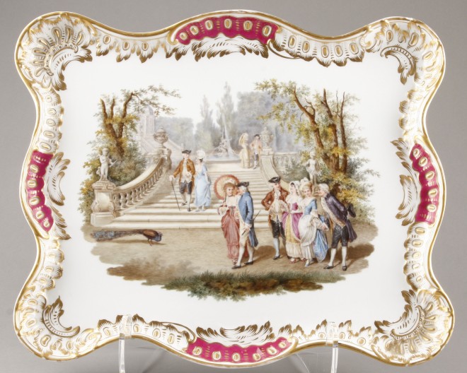 Appraisal: Tray features central hand painted scene depicting th century figures