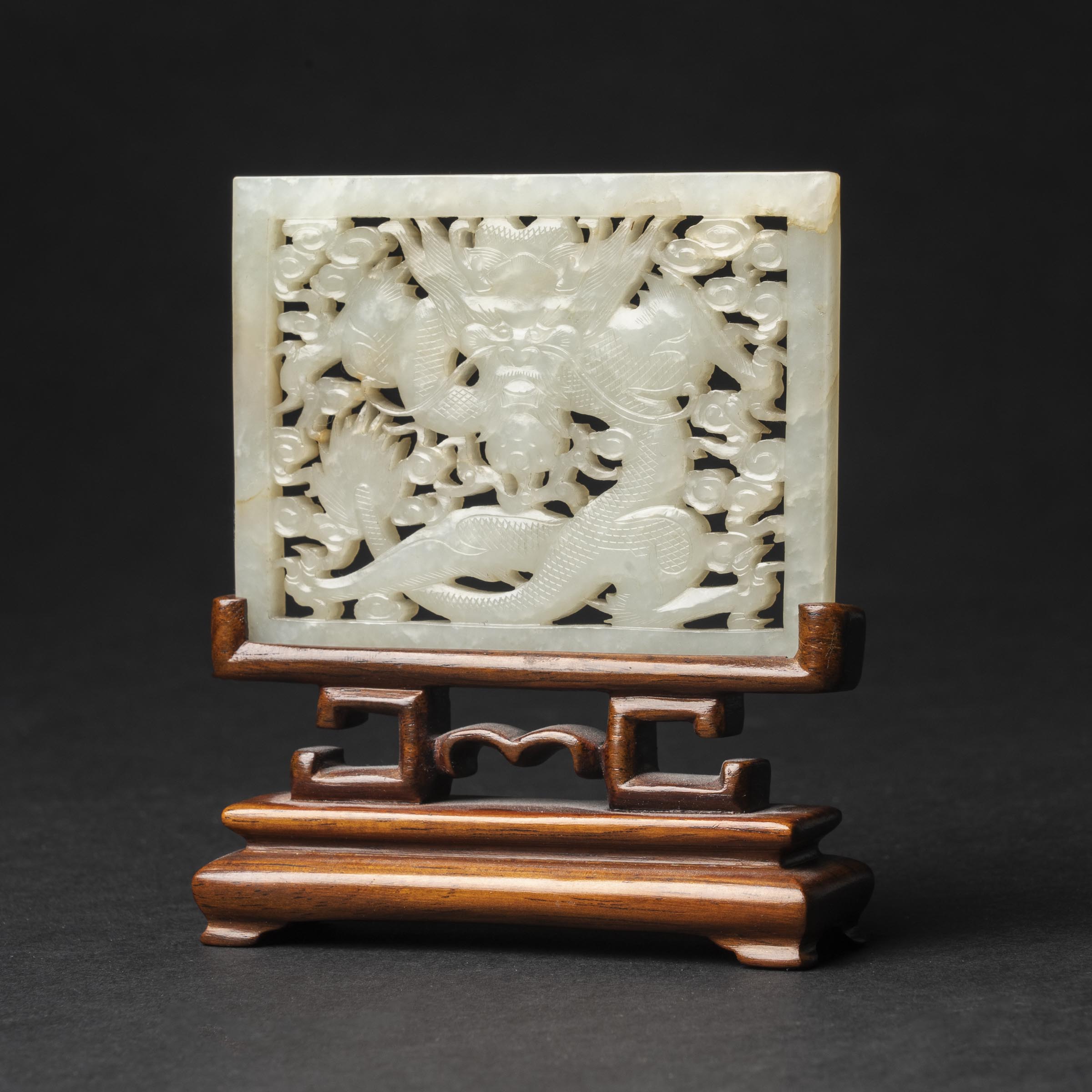 Appraisal: A White Jade Rectangular 'Dragon' Plaque th Century With wood