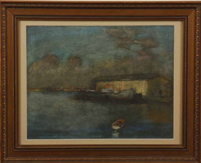 Appraisal: Freighter at Dock pastel x sight SLL F Wagner Artist