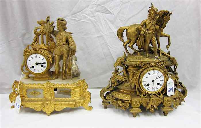 Appraisal: TWO FRENCH FIGURAL GILDED METAL MANTEL CLOCKS man horse clock