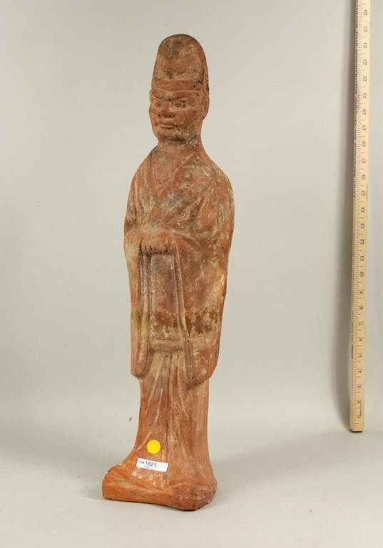 Appraisal: Large Chinese Carved Han Style Pottery Attendant Large Chinese carved