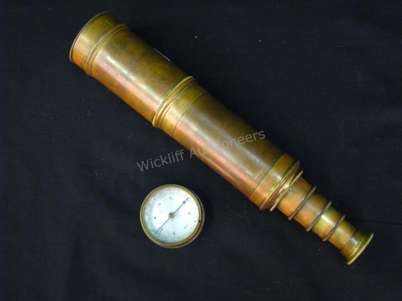 Appraisal: Antique French Brass Ships Telescope and Compass four draw telescope