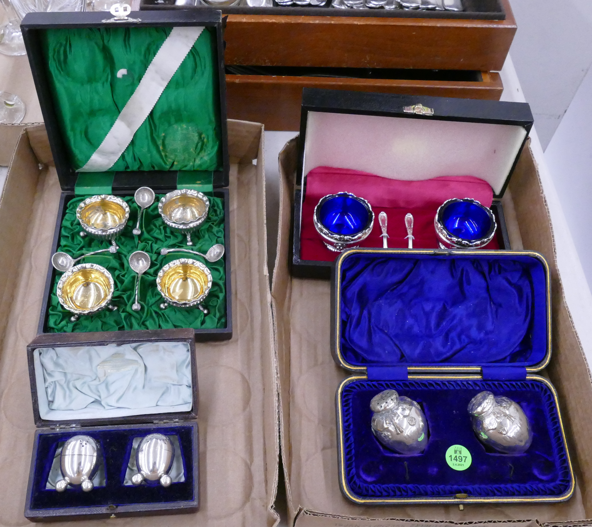 Appraisal: Boxes Antique English Silverplated Salt Sets in Cases