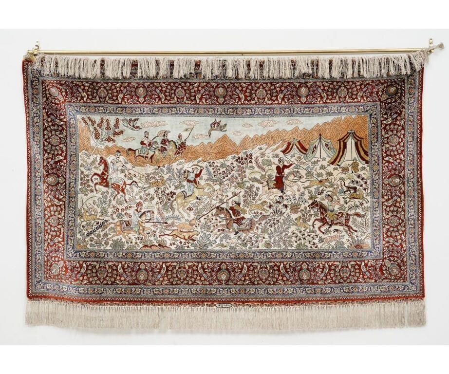 Appraisal: Silk Tabriz hanging mat with colorful animals and hunters signed