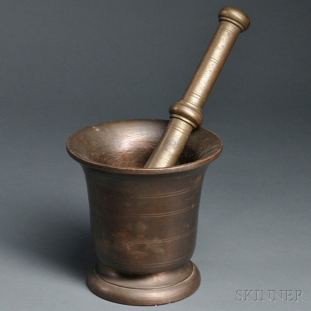 Appraisal: Continental Bronze Mortar and Pestle th century with engraved bands