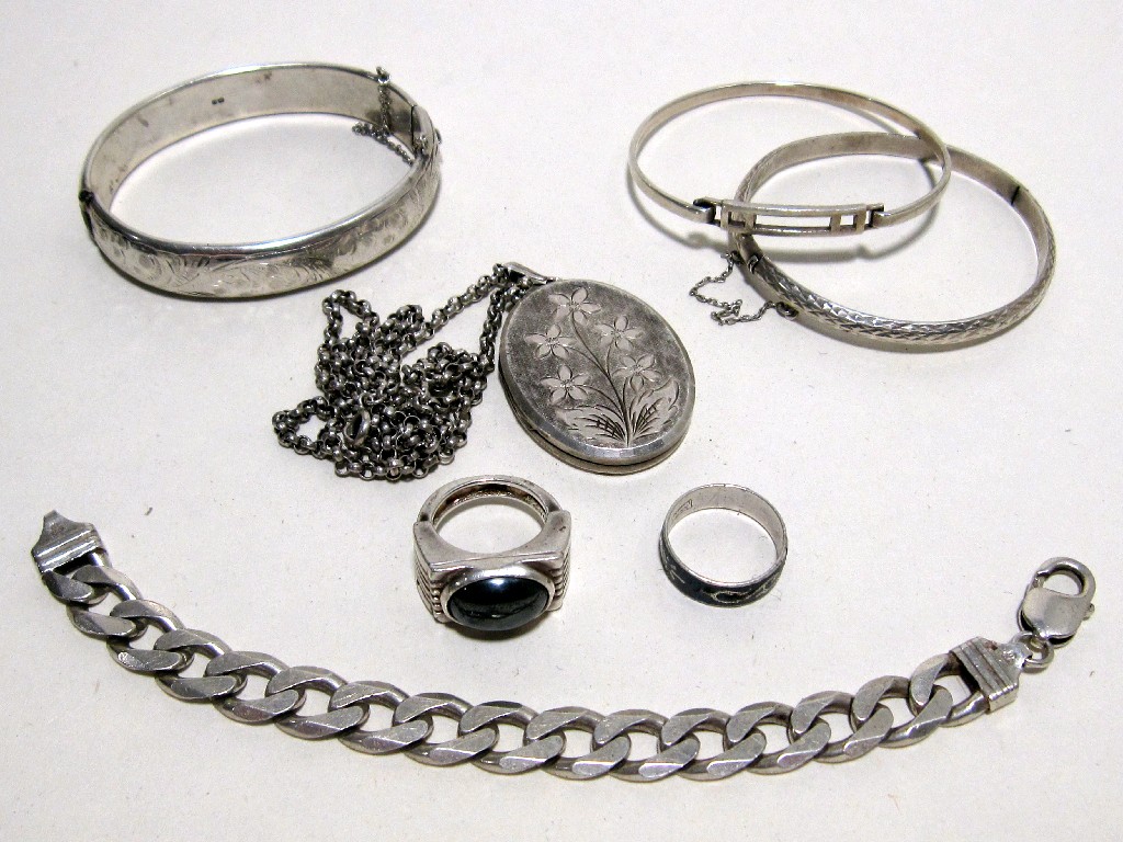 Appraisal: Lot of silver pieces to include three bangles curb link