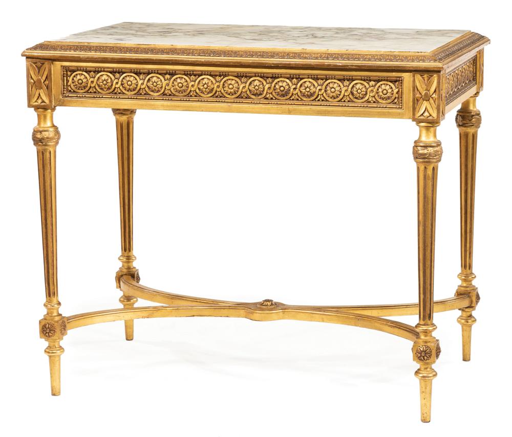 Appraisal: Antique Louis XVI-Style Giltwood Console inset marble top acnthine border