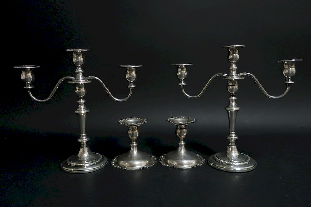 Appraisal: Sterling Silver Candelabra Low Candlesticks Candelabra are weighted Candelsticks weigh