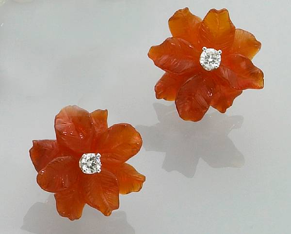 Appraisal: Pair of Fire Opal and Diamond Earrings Idar-Oberstein Germany Designed