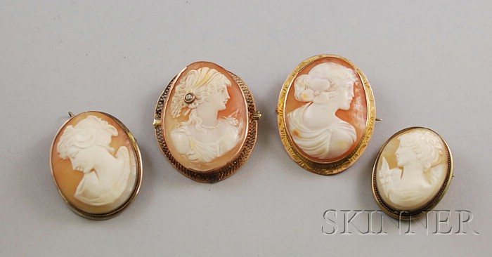 Appraisal: Four Shell-carved Cameo Brooches including one with a diamond accent