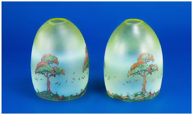 Appraisal: Pair Of Light Green Lampshades Hand Painted With Landscapes Showing