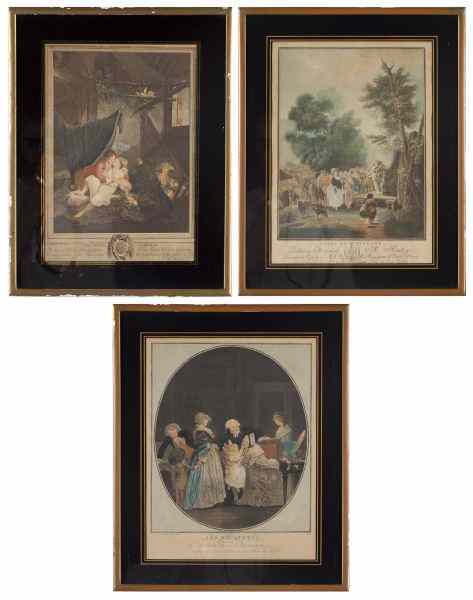 Appraisal: Three French Engravings th Century''Les Soins Tardiff '' ''Foire di