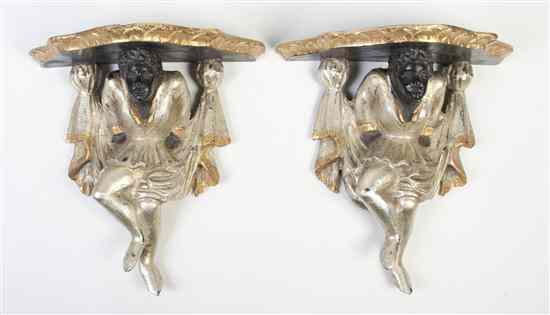 Appraisal: A Pair of Painted and Parcel Gilt Figural Wall Brackets