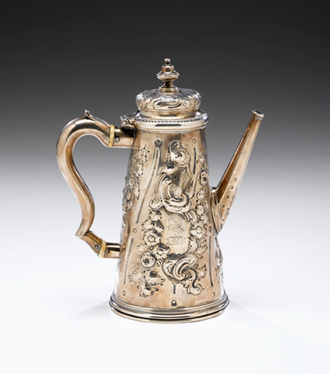 Appraisal: George II sterling silver repousse coffeepot august courtauld london The