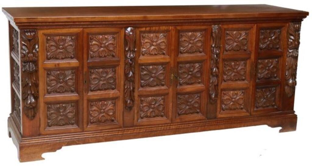 Appraisal: Spanish Baroque style walnut sideboard th c paneled case with