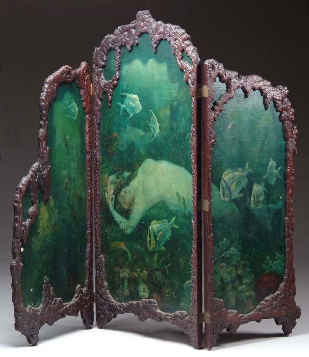 Appraisal: CARVED WOOD PAINTED AQUATIC SCENE ROOM SCREEN Three fold screen