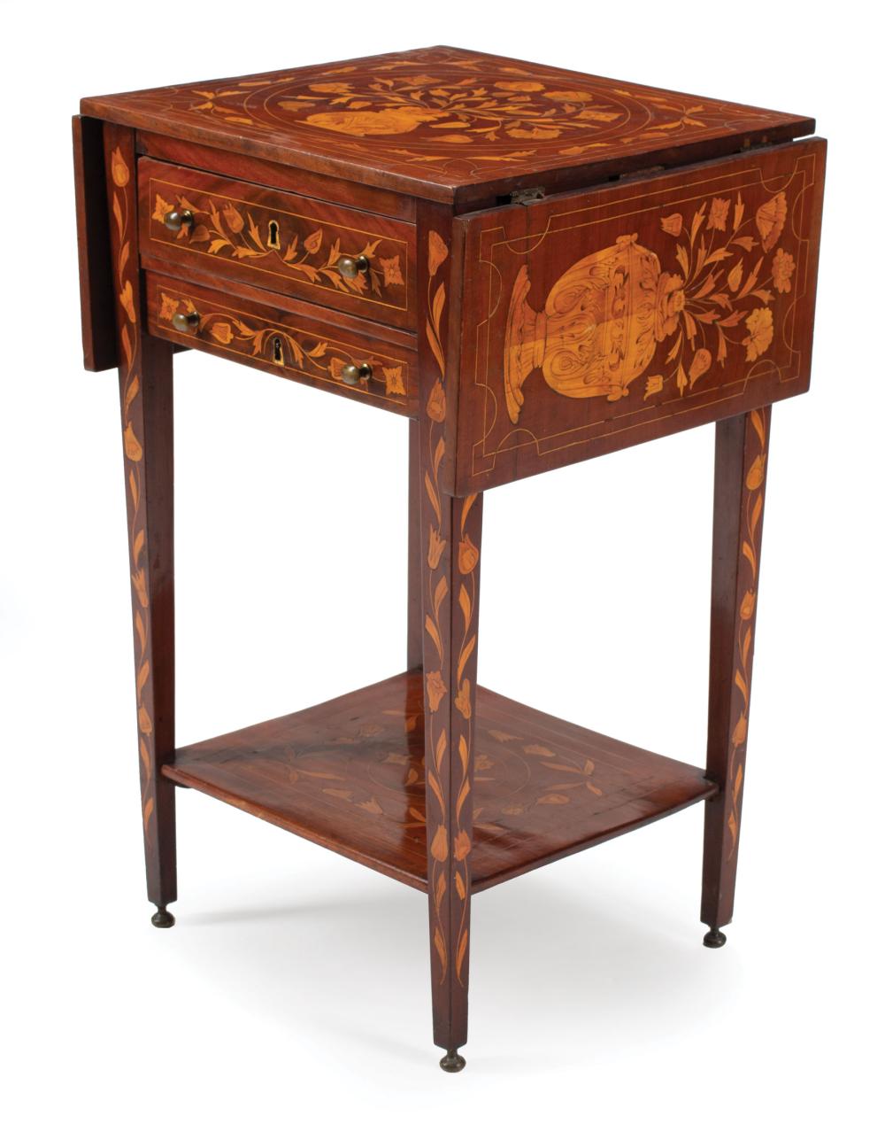 Appraisal: Dutch Marquetry Occasional Table th c drop-leaf top two drawers