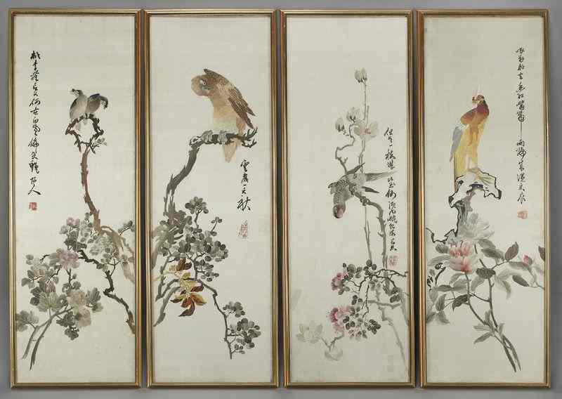 Appraisal: Chinese Shu School four panel embroidery screendepicting birds and flowers