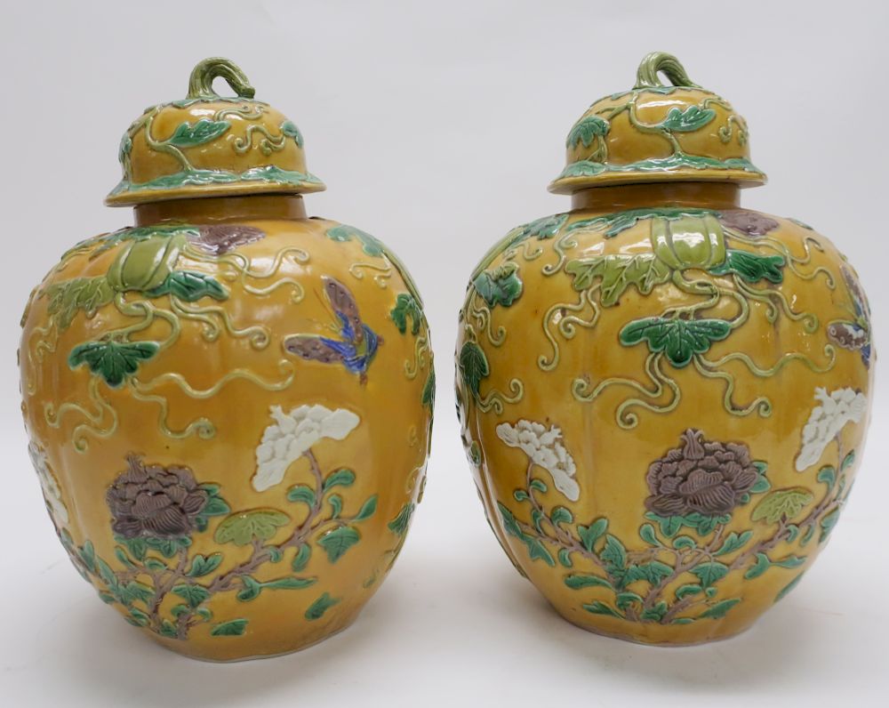 Appraisal: Chinese Porcelain Famille Jaune Vases Gourd form Green vines and