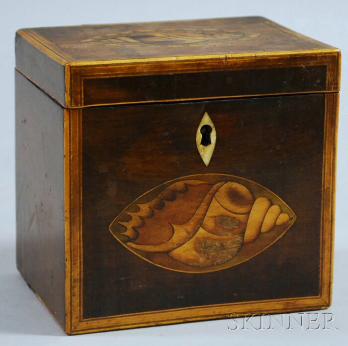 Appraisal: English Inlaid and Veneered Tea Caddy with seashell cartouche ht