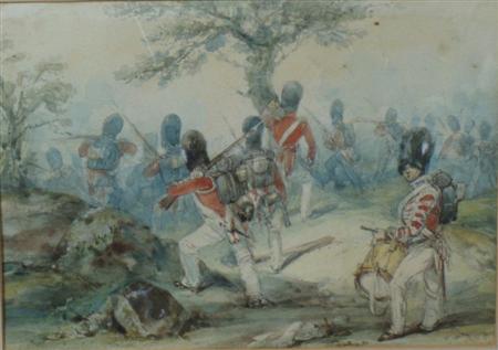 Appraisal: Militaria Interest A th century watercolour of British guardsman fighting