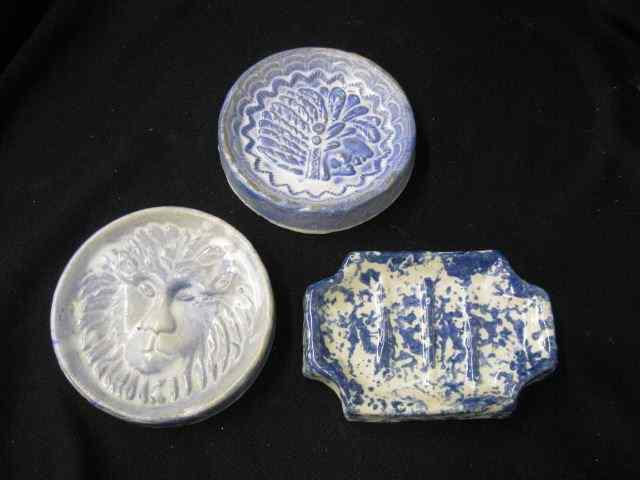 Appraisal: Blue White Stoneware Soap Dishes Indian chief lion's head rectangular