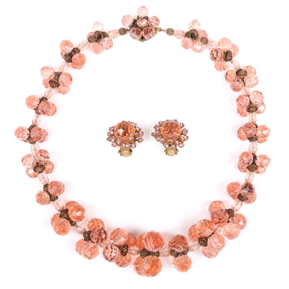 Appraisal: MIRIAM HASKELL PC SET WITH HEAVILY FACTED PEACH CRYSTAL BEADS