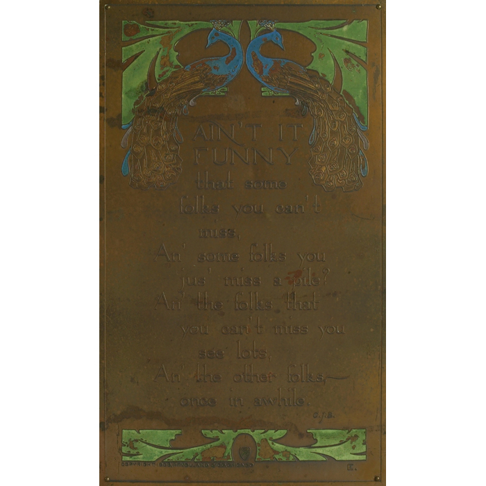 Appraisal: Arts and Crafts plaque in copper motto reads Ain t