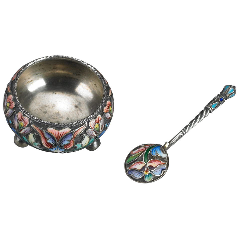 Appraisal: Russian Silver and Cloisonn Enamel Salt and Spoon Maria Semenova