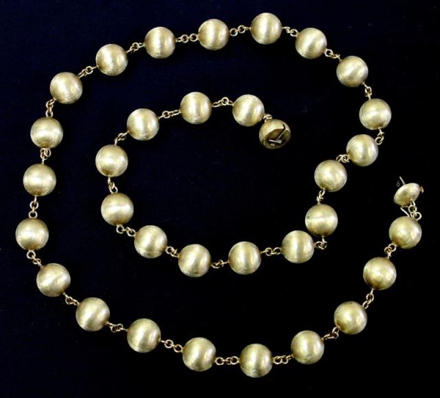 Appraisal: JEWELRY Italian kt Gold Beaded Necklace Beautiful brushed finish to