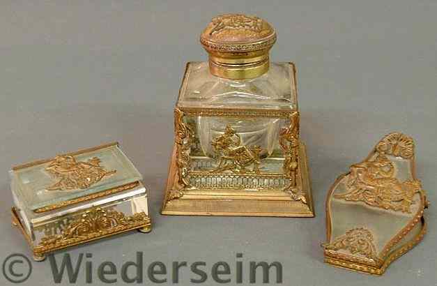 Appraisal: French three-piece glass and gilt metal desk set with ornate