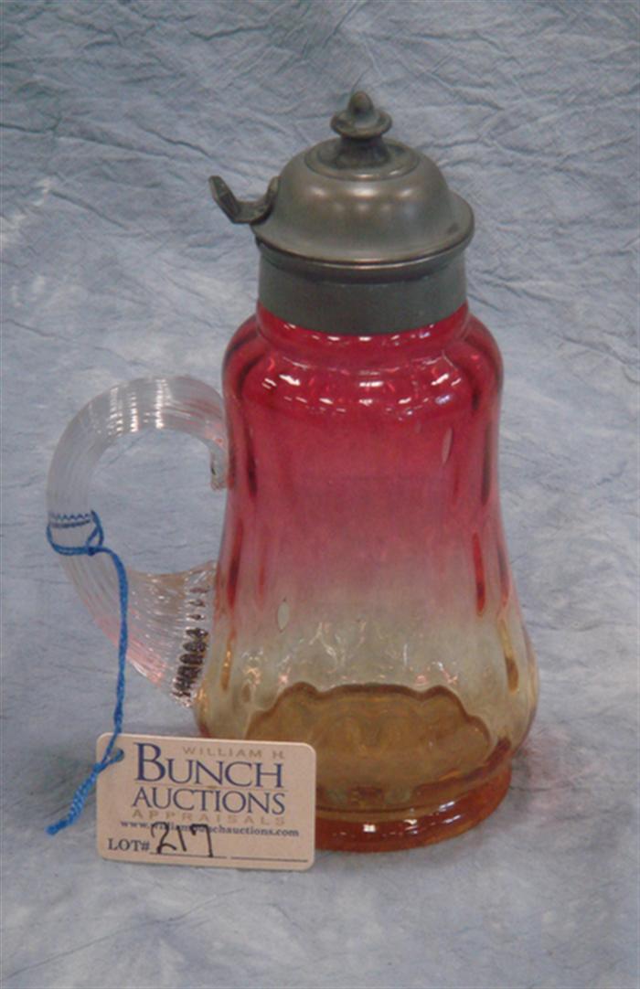 Appraisal: Amberina quilted syrup pitcher with pewter lid ribbed clear handle